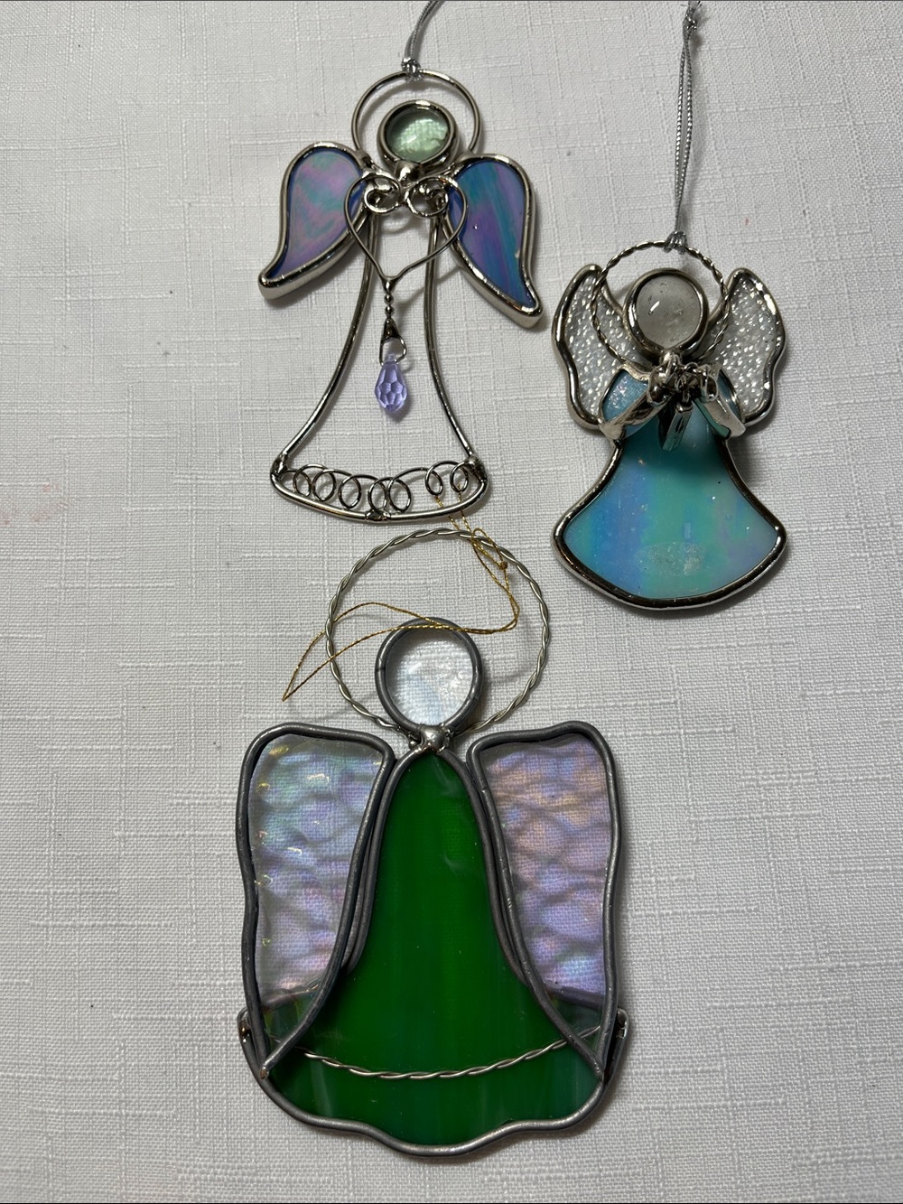 Stained Glass Angel Ornaments
Set of three
Blue green silver